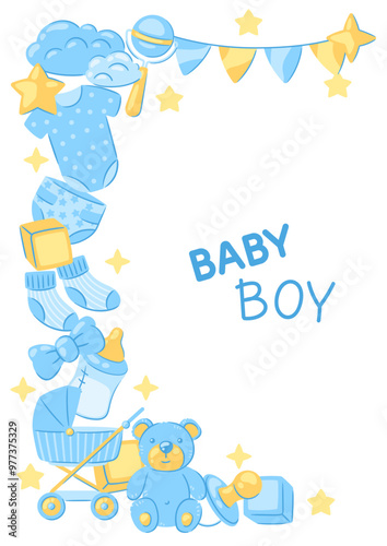 Baby shower greeting card. New born baby boy Happy Birthday.