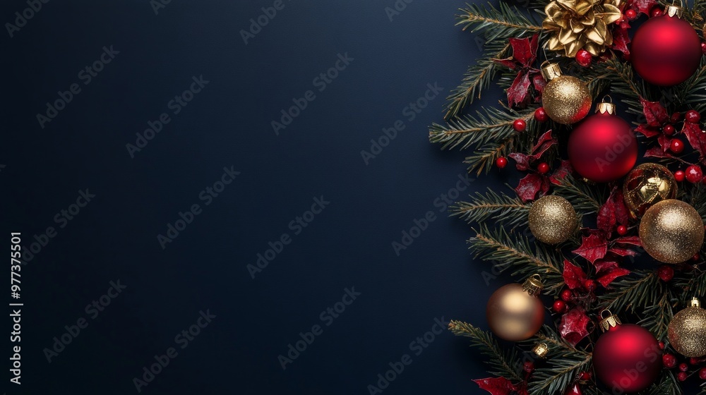 Fototapeta premium Beautiful Christmas decorations featuring elegant ornaments and rich greens. The image captures a festive spirit. Ideal for holiday themes and seasonal design projects. AI