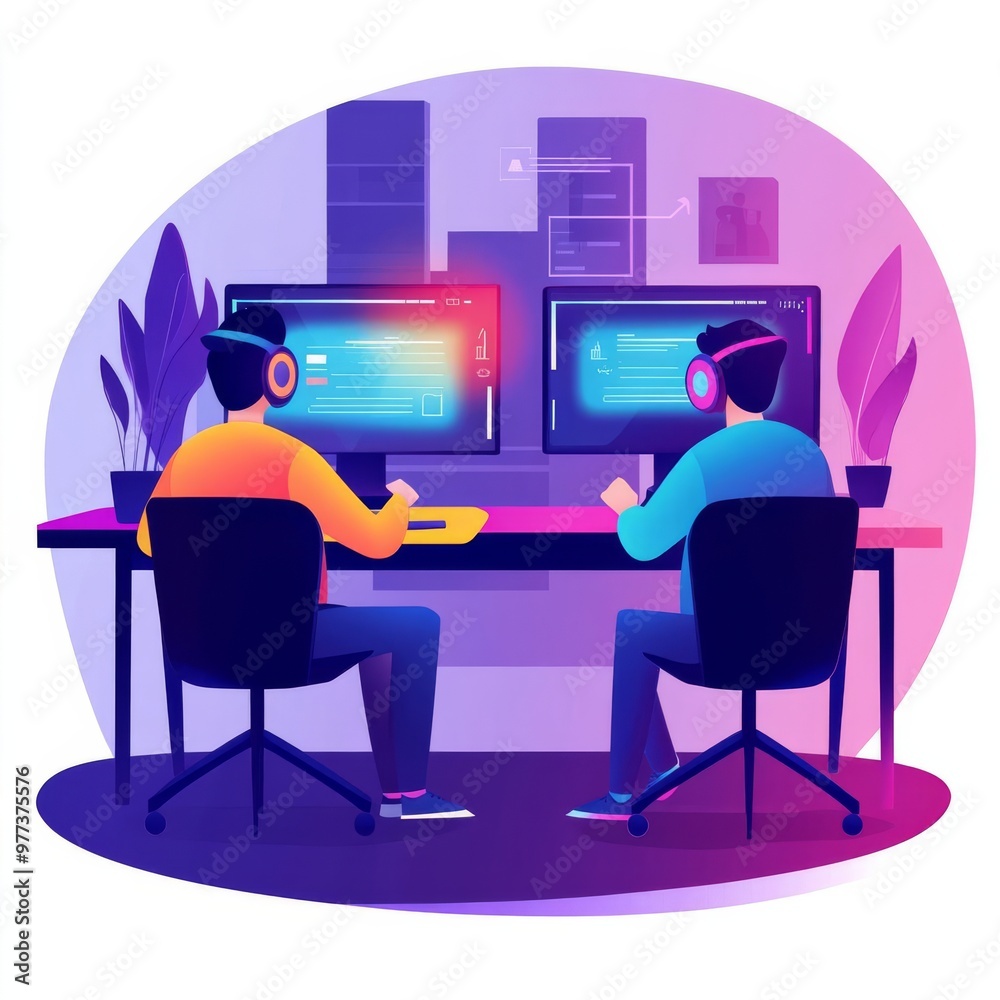 Remote work software, virtual desks, holographic task management, futuristic office environment