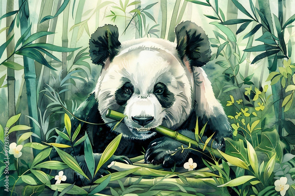 Giant Panda eating bamboo in a dense Chinese forest with bamboo shoots ...