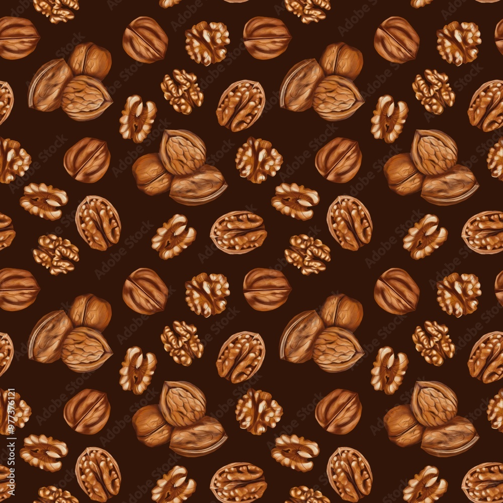 Seamless pattern with walnuts on a brown background.Illustration for greeting card, poster, flyer, cover, banner, social media Seamless pattern with walnuts on a brown background.Illustration for greeting card, poster, flyer, cover, banner, social media