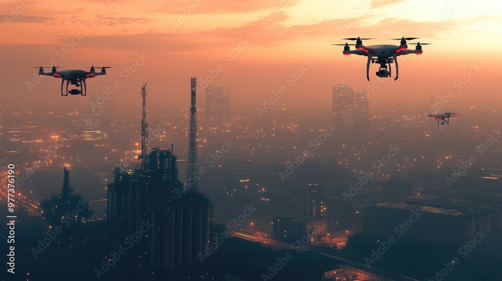 Aerial drones fly above an industrial cityscape, symbolizing the future of technology in urban environments. Aerial drones fly above an industrial cityscape, symbolizing the future of technology in urban environments.