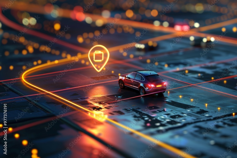 Naklejka premium Automobile with gps tracking pulsing signal. A vehicle transmitting gps signal. Searching car location with gps tracker