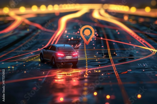 Automobile with gps tracking pulsing signal. A vehicle transmitting gps signal. Searching car location with gps tracker