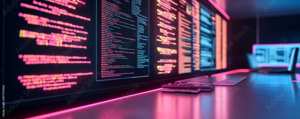 Smart contract creation tool, glowing blockchain visualization, neon code editor, futuristic finance room Smart contract creation tool, glowing blockchain visualization, neon code editor, futuristic finance room