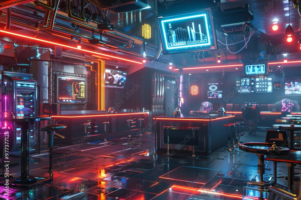 Energetic 3D render of a cyberpunk nightclub with flashing lights, holograms, and futuristic music, created by ai Energetic 3D render of a cyberpunk nightclub with flashing lights, holograms, and futuristic music, created by ai