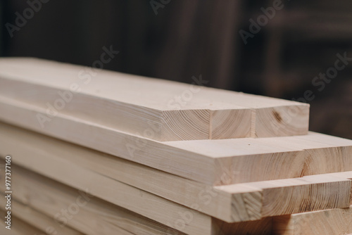 Φωτογραφία Wood working industry stack of wooden planking lath board joist table close up front view