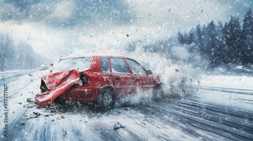 Red car crashes in snowy conditions, debris flying. photo