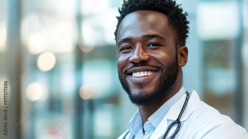 A smiling black man wearing a white coat and a stethoscope A smiling black man wearing a white coat and a stethoscope