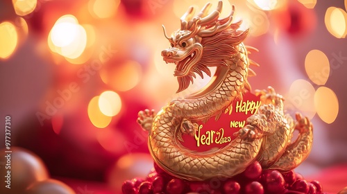 Vibrant "Happy New Year 2025" text in gold with Year of the Dragon and a dragon wrapped around the year in the background