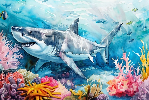 Great White Shark swimming in the coral reefs of the Pacific Ocean with colorful corals and tropical fish, watercolor illustration , created by ai