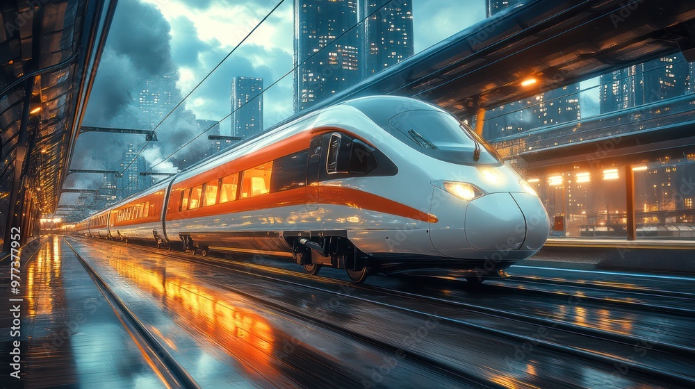 Fototapeta premium A train is traveling down a track in a city