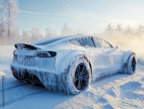 Frozen electric car covered in ice and surrounded by snow. photo