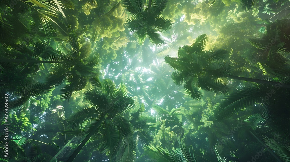 Fototapeta premium Wood crown view of a verdant tropical rainforest from the bottom to the top