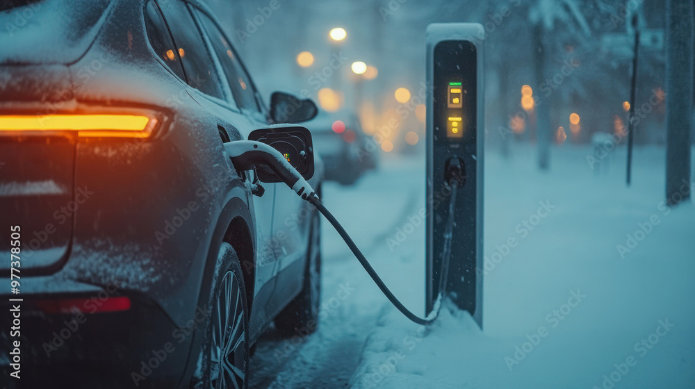 Electric vehicle at charging station amidst heavy snow Electric vehicle at charging station amidst heavy snow