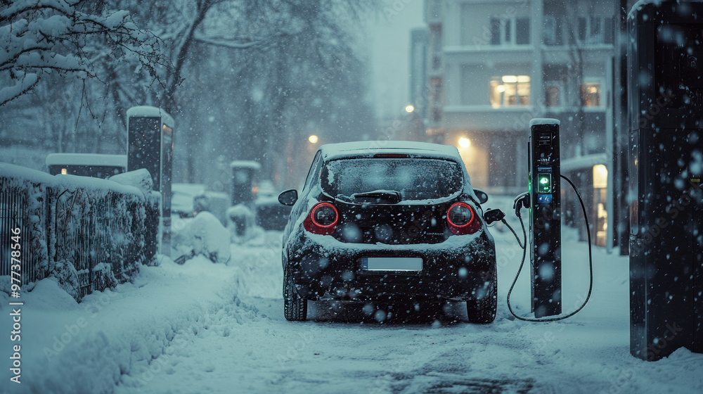 Fototapeta premium Electric car charging in snow-covered urban setting