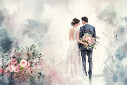 A beautiful watercolor illustration of a bride and groom walking together, surrounded by soft floral elements, perfect for weddings.