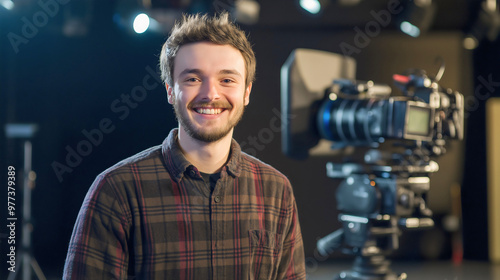 Professional journalist or cameraman Caucasian young man in broadcast studio, surrounded by media technology, camera, and audio equipment, ready for live on television, radio, internet stream, TV