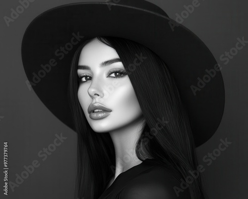 Elegant woman with long black hair, wearing a chic wide-brimmed hat, posed against a minimalist background, fashion-forward and sophisticated, modern style portrait