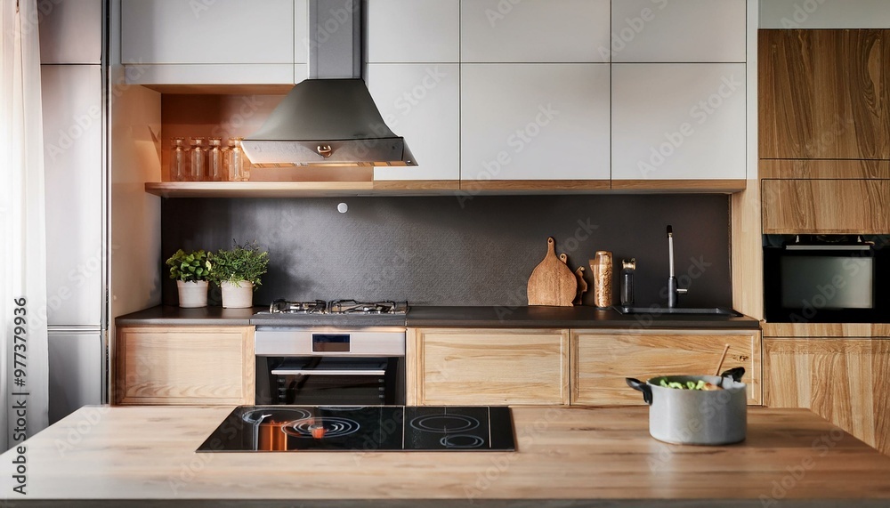 Induction stove, oven and range hood on modern kitchen with wooden furniture Induction stove, oven and range hood on modern kitchen with wooden furniture
