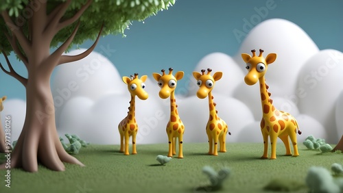 Tiny giraffes could be hiding in the background, peeking out from behind clouds or trees, adding an extra layer of discovery and fun.