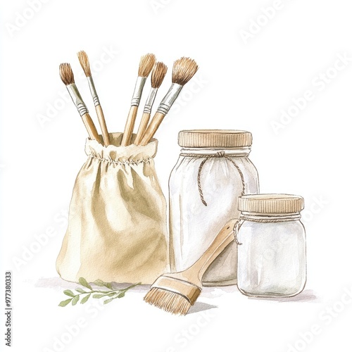 Art supplies arranged with brushes, jars, and a fabric pouch for creative projects and artistic inspiration.