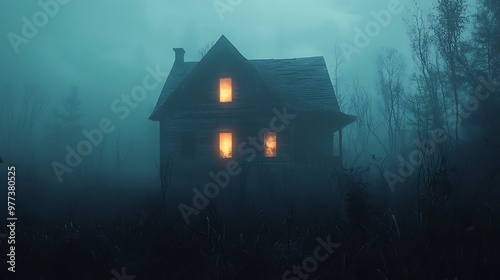 A foggy forest hides an abandoned house with broken windows, its mystery deepened by the thick mist. photo