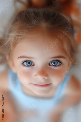 Adorable little girl with large blue eyes looking up, captured in soft light