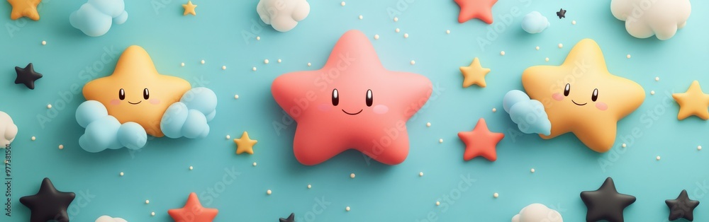 Cute cartoon stars and clouds with smiling faces Cute cartoon stars and clouds with smiling faces