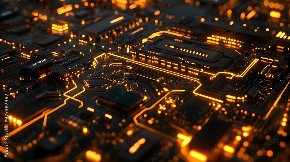 High-Tech Circuit Board with Glowing Pathways, Technology, Futuristic High-Tech Circuit Board with Glowing Pathways, Technology, Futuristic
