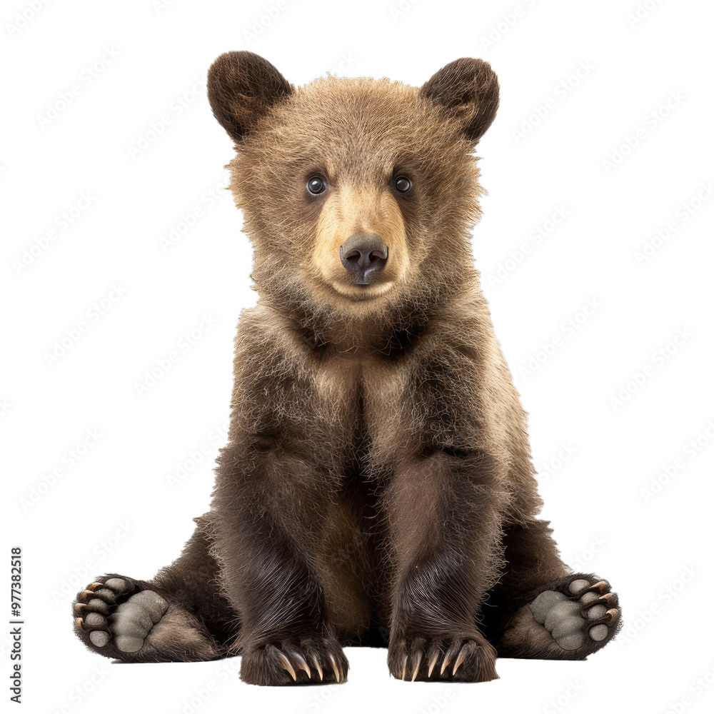 Captivating brown bear cub sitting calmly, emanating an aura of tranquility and innocence against a pristine white backdrop Captivating brown bear cub sitting calmly, emanating an aura of tranquility and innocence against a pristine white backdrop