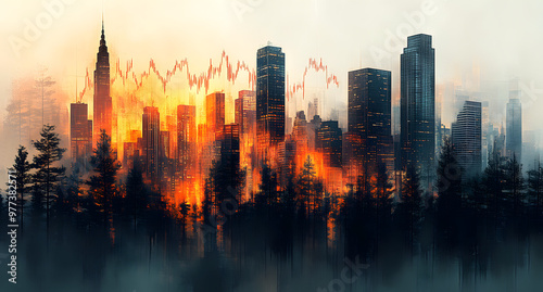 “A Stock Market Graph with an Urban Skyline in the Background” 