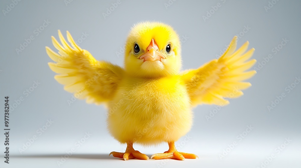 A cute baby chick with fluffy yellow feathers spreads its wings wide, radiating innocence and joy. A cute baby chick with fluffy yellow feathers spreads its wings wide, radiating innocence and joy.