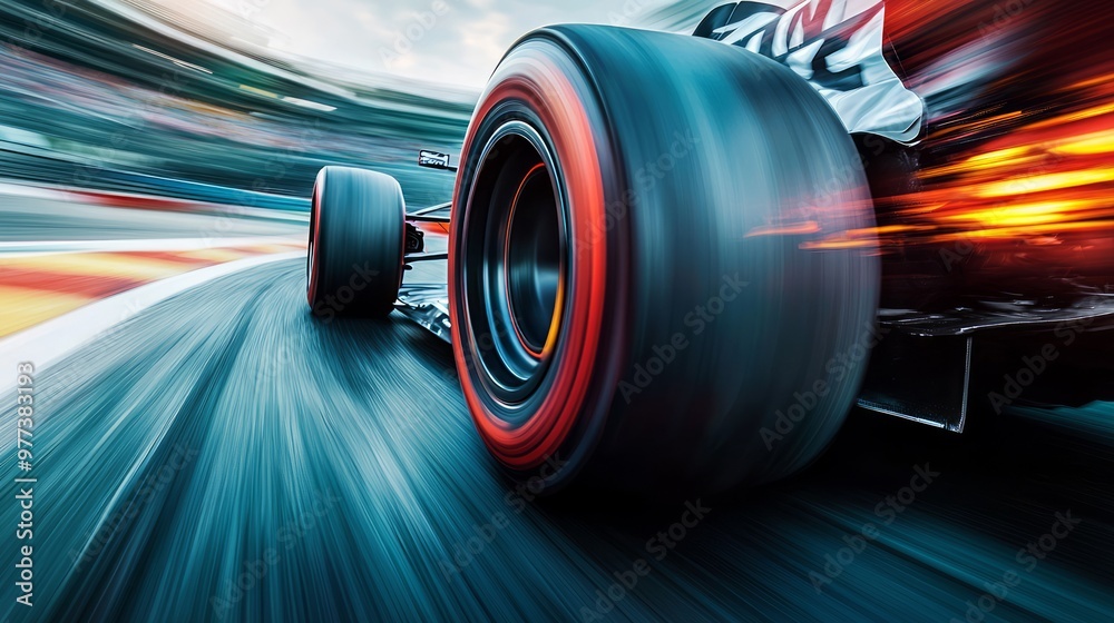 Speed and Precision: Close-up of Spinning Race Car Wheel with Blurred Motion and Tire Tread Detail Speed and Precision: Close-up of Spinning Race Car Wheel with Blurred Motion and Tire Tread Detail