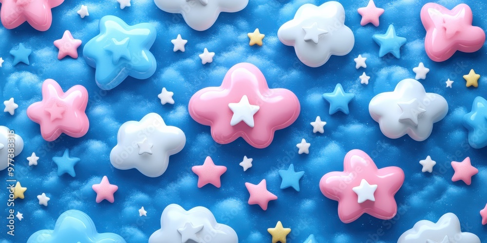 Cute cartoon stars and clouds with smiling faces Cute cartoon stars and clouds with smiling faces