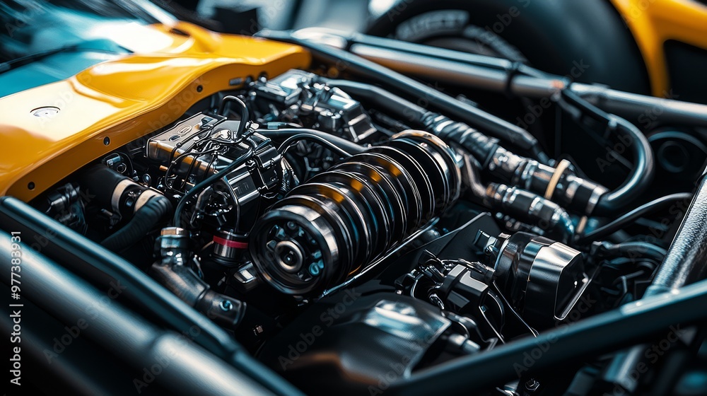 Precision Engineering Unveiled: Close-up of High-Performance Race Car Engine Bay Components Precision Engineering Unveiled: Close-up of High-Performance Race Car Engine Bay Components