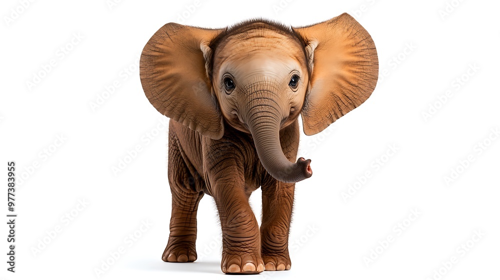A cute baby elephant walks with innocence, its form isolated on a white background. A cute baby elephant walks with innocence, its form isolated on a white background.