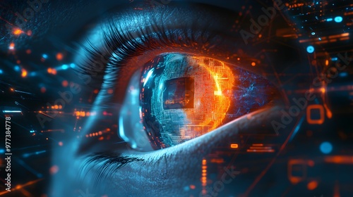 Futuristic human eye glowing in neon blue and orange with digital technology