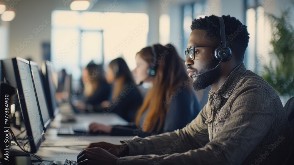 A diverse group of call center employees working at desks in an office, captured in a wide shot. A diverse group of call center employees working at desks in an office, captured in a wide shot.