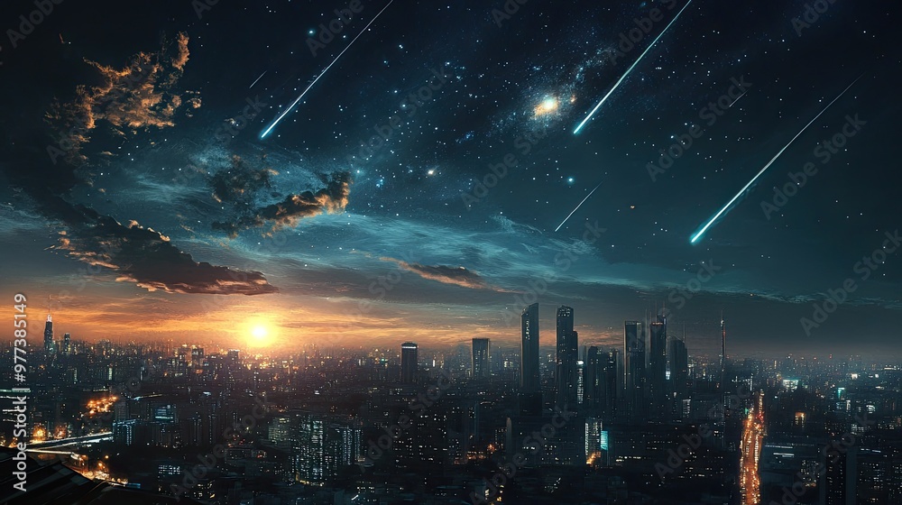 A cityscape at night, with a meteor shower in progress. A cityscape at night, with a meteor shower in progress.
