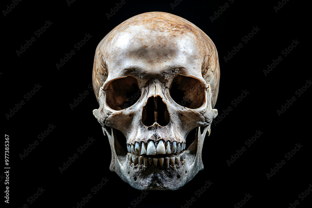 A human skull displayed against a black background for educational or artistic purposes. A human skull displayed against a black background for educational or artistic purposes.
