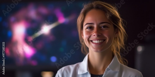 A cheerful young researcher smiles confidently in a modern lab setting. The background features colorful abstract visuals. Perfect for science or education themes. AI