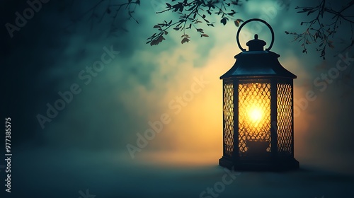 A lantern casts its warm glow in a foggy forest, adding mystery to the misty landscape.