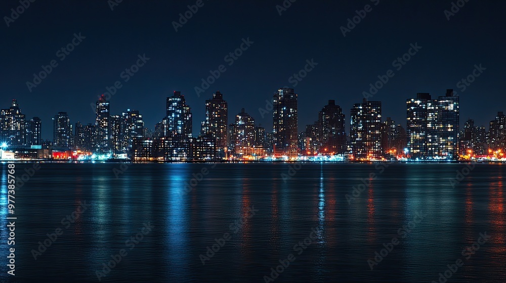 Fototapeta premium A city skyline at night, illuminated by countless lights.