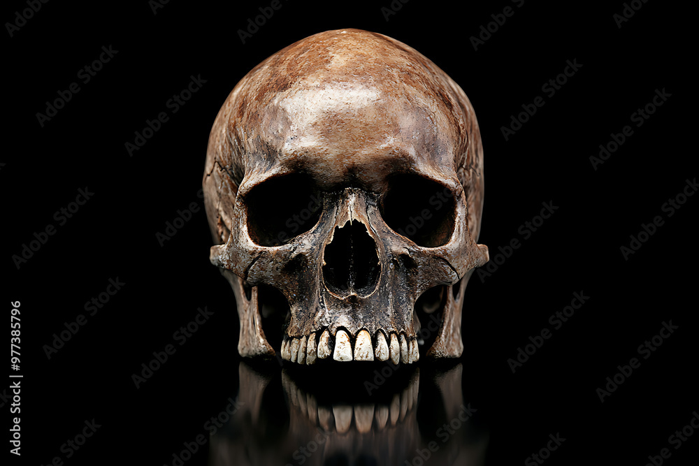 A detailed view of a human skull on a reflective surface, emphasizing its structure. A detailed view of a human skull on a reflective surface, emphasizing its structure.