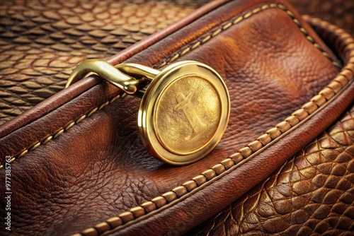 A 3D illustration of a shiny gold coin being inserted into a worn brown leather purse with a antiquated metal clasp and intricate stitching. photo