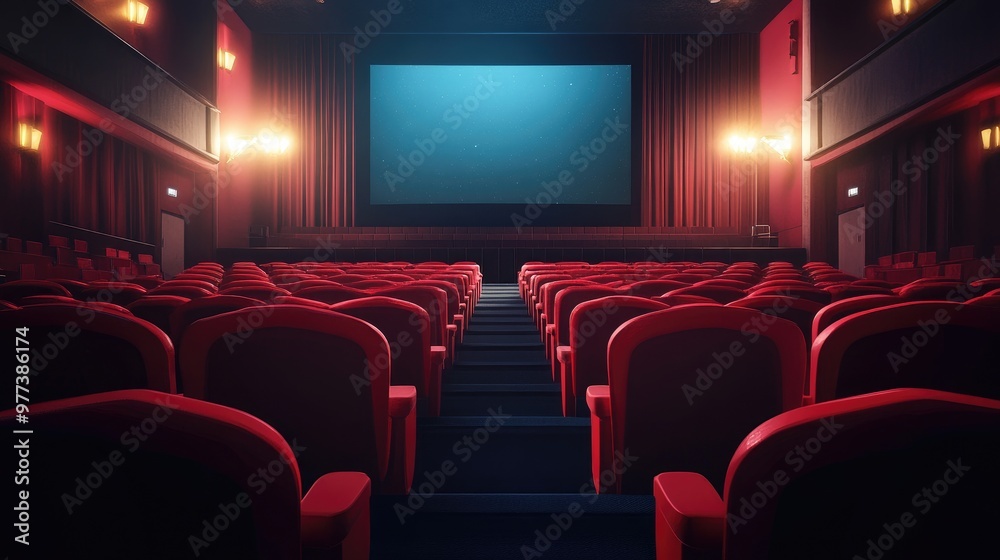 Obraz premium Rows of red seats lead to a large movie screen, capturing the immersive feeling of being in a theater.
