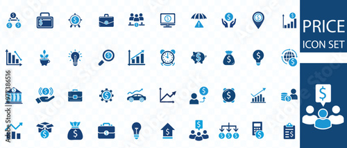 Price icon set. Containing product, price tag, cost, quotation, invoice, estimate, discount and more. Solid vector icons collection