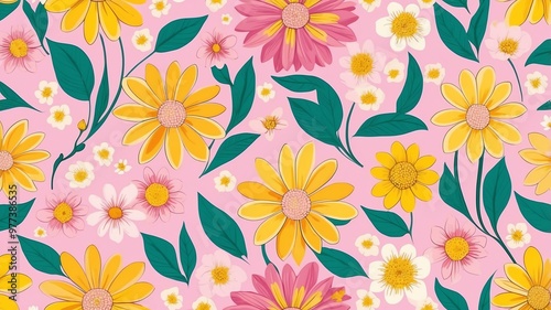 Wallpaper Mural base xl pretty yellow theme flowers on light pink background, egg mosaic style Torontodigital.ca