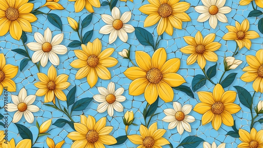 custom made wallpaper toronto digitalbase xl pretty yellow theme flowers on light blue background, egg mosaic style